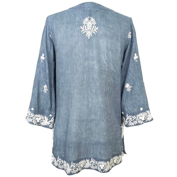 Saks Fifth Avenue Women's S/P Blue 100% Linen Embroidered V-neck Tunic Top - Picture 4 of 7